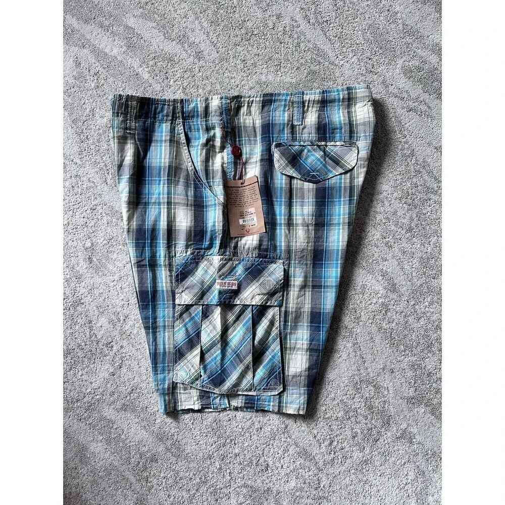 True Religion Mens Multicolor Plaid Casual Cut Off Cargo Shorts Size‎ 44 NWT
